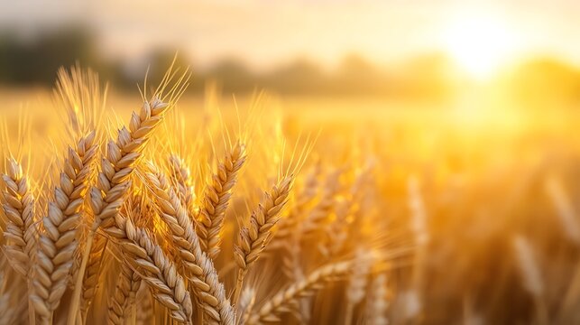 Golden wheat field at sunset, nature's bounty.