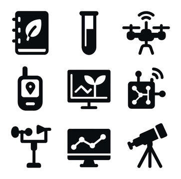 Environmental Icons Grid. Solid, filled icons set of environmental research and monitoring: field notebook,