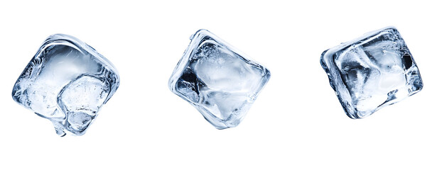 Obraz premium Three clear ice cubes on a black background displaying transparency and coolness