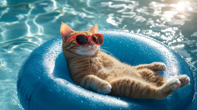 Cat in sunglasses lounging on a pool float - Powered by Adobe