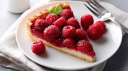 Slice of Raspberry Tart with Fresh Berries on a White Plate