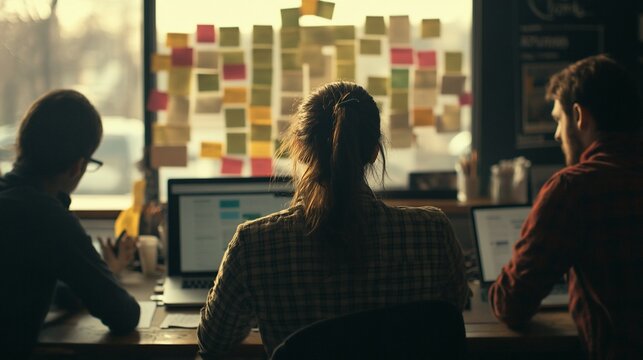 Team collaboration session in an office with sticky notes and laptops