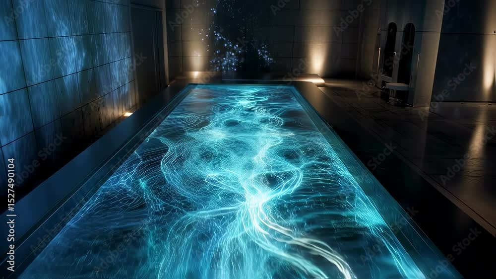 Poster light patterns flow and undulate beneath the surface of an innovative indoor pool, creating a mesmer