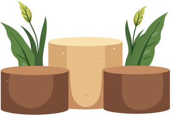 Warm Earth Tone Podiums with Lush Green Plants for Natural Product Presentation