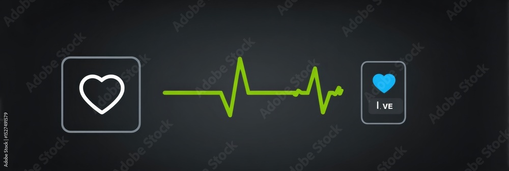 Poster live pulse monitored by ecg device with heart icon displayed prominently against dark background