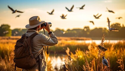 Fototapeta premium wildlife, birdwatcher and birds in a wilderness