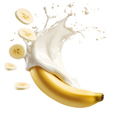 Banana slices with dynamic milk splash on black backdrop for healthy food concept