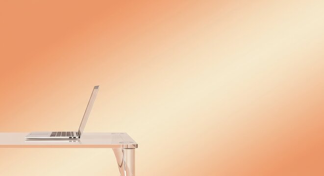 Gradient from warm peach to light ivory with transparent desk and laptop overlay, just the right copy space