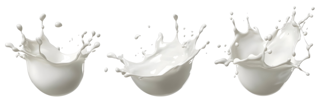 Three dynamic milk splashes set against a clean, stark black background for emphasis