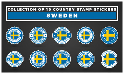 Sweden Country Stamp Stickers. Collection of 10 Premium Quality Design Labels