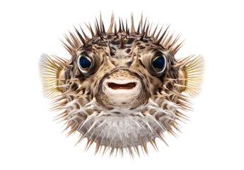puffer fish are inflated with spines and a wide body isolated on transparent background