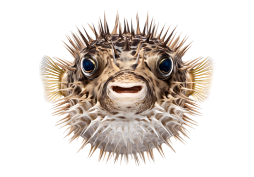 puffer fish are inflated with spines and a wide body isolated on transparent background