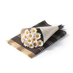 Daisy bouquet in paper cone on fabric isolated on white background