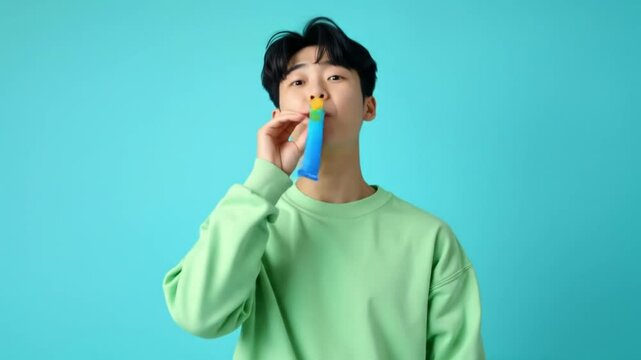 Man Blowing Colorful Party Horn - Birthday, Party, Celebration Mood