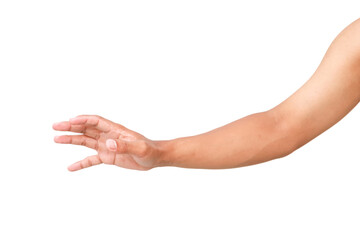 Fototapeta premium Reaching hand isolated on white background showing gesture for grabbing something