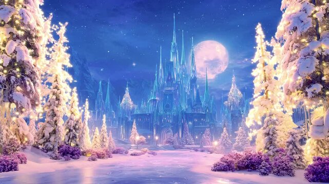 Dream castle in fairy tale world. Fantasy castle in the forest. Fairy lights sparkling in dreamy landscape. Princesses castle