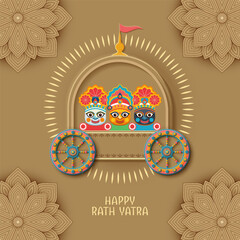 Jagannath Puri Rath Yatra. Festive paper cut style banner with Lord Jagannath, Balabhadra, Subhdra