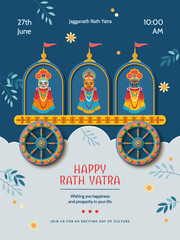 Indian religious festival celebration Rath Yatra. Festive paper cut style banner with traditional festive chariot. Lord Jagannath, Balabhadra and Subhdra