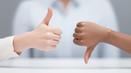 Thumbs up and thumbs down gestures representing differing opinions during a discussion in a neutral setting.