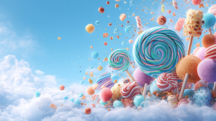 Dynamic Candy Explosion - Sweets Bursting Through Cloudy Sky