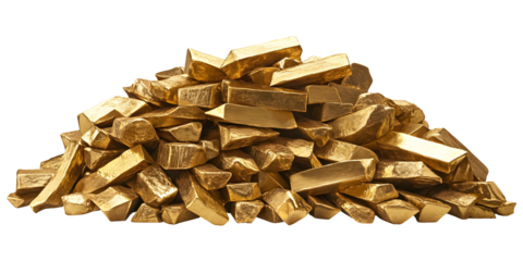 A shiny pile of gold bars stacked on a black background, representing wealth