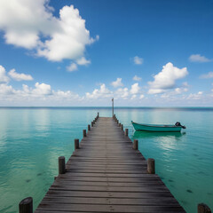 Naklejka premium Remote wooden pier leading out to calm turquoise water with a single boat tied to it, tropical vibe, clear sky and clouds