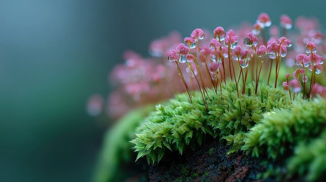 Vibrant Moss with Pink Spore Capsules and Dew Drops