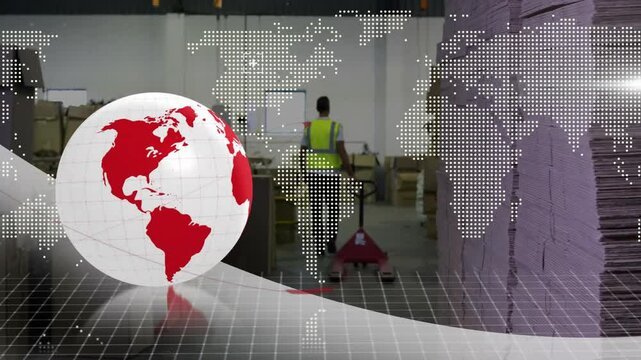 Warehouse worker gripping pallet jack, pushing along aisle for shipping with globe icon rotating