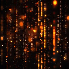 Abstract digital code background with glowing orange particles.