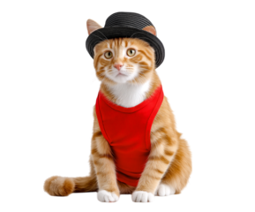 Cute Orange ginger cat wearing a red tank top and a black hat isolated on transparent background