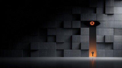 glowing orange eye in black data grid,  reflecting themes of artificial intelligence, access, and hidden awareness.