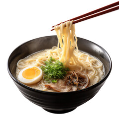Japanese ramen, tonkotsu ramen, a pair of chopsticks picking up the ramen isolated