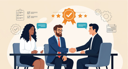 Business Meeting with Handshake and Icons – Vector Illustration of Agreement and Collaboration