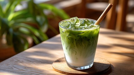 Iced Green Tea Beverage in a Glass with Ice Cubes on a Wooden Table