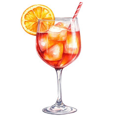 Watercolor Illustration of Orange Cocktail with Ice Cubes and Straw in Wine Glass Isolated on White Background