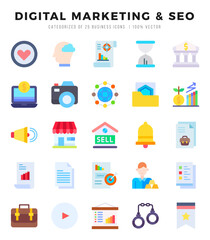 Set of simple Flat DIGITAL MARKETING & SEO Icons. Flat art icons pack. Vector illustration.