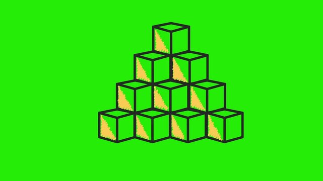 Green screen animation of 3D cubes arranged in a pyramid-like structure. Represents growth, structure, organization, and scalable development. Ideal for use in business or tech-themed whiteboard-style