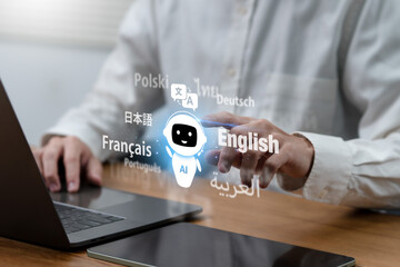 Ai translate language concept.Businessman using  ai translator with blue background, Artificial...