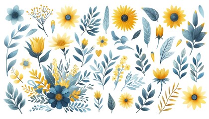 Watercolor yellow and blue floral elements collection on white background