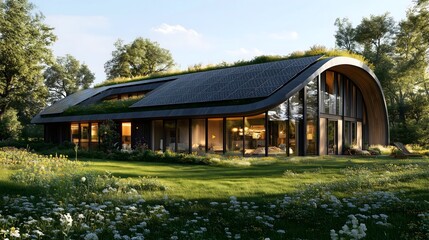 Obraz premium Modern Eco Villa: Curved Green Roof with Solar Panels, Full-Glass Walls Transparency Surrounded by Grass Wildflowers Forest in Soft Sunlight Highlighting Architecture-Nature Harmony for Sustainable Li