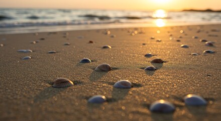 Seashells scattered on sandy beach at sunset by the ocean  