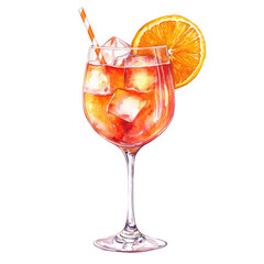 Watercolor Illustration of Orange Cocktail with Ice Cubes and Straw in Wine Glass Isolated on White Background