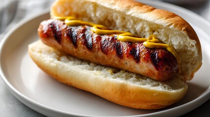 Grilled Sausage in a Bun with Mustard