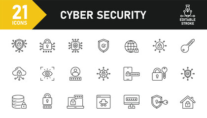 Cyber Security line icon set. Set of 21 outline icons related to security, lock, password, protection, antivirus, privacy and others. Editable stroke. Vector illustration.