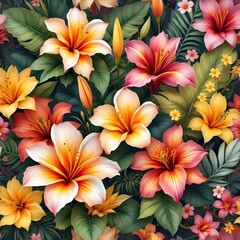 Vibrant Tropical Hibiscus Flowers and Lush Leaves Design