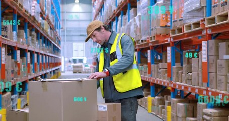 Warehouse worker lifting carton reading label writing details with label animation for logistics - Powered by Adobe