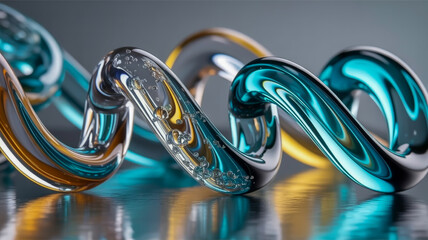 A close-up macro photograph of a twisted glass sculpture in turquoise and clear colors.