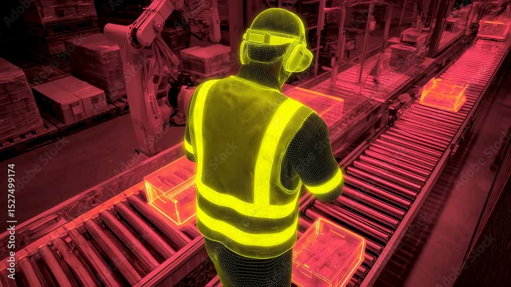 Poster wireframe supervisor monitoring automated production line using augmented reality glasses and smartp