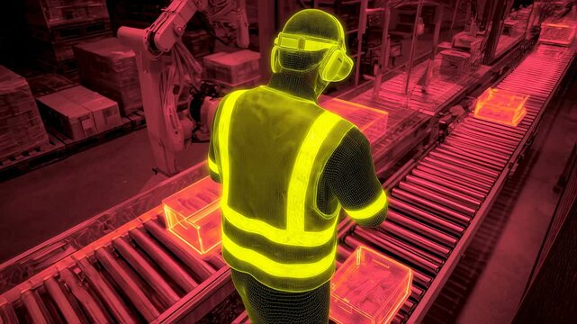 Wireframe supervisor monitoring automated production line using augmented reality glasses and smartphone in dark red lit warehouse with robotic arms handling glowing transparent boxes - Powered by Adobe