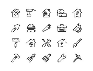 Home Maintenance Vector Icon Set | Adjustable Line Weight | Tools, wrench, hammer, screwdriver, drill, construction, repair, toolbox, painting, saw, pliers, home improvement icons